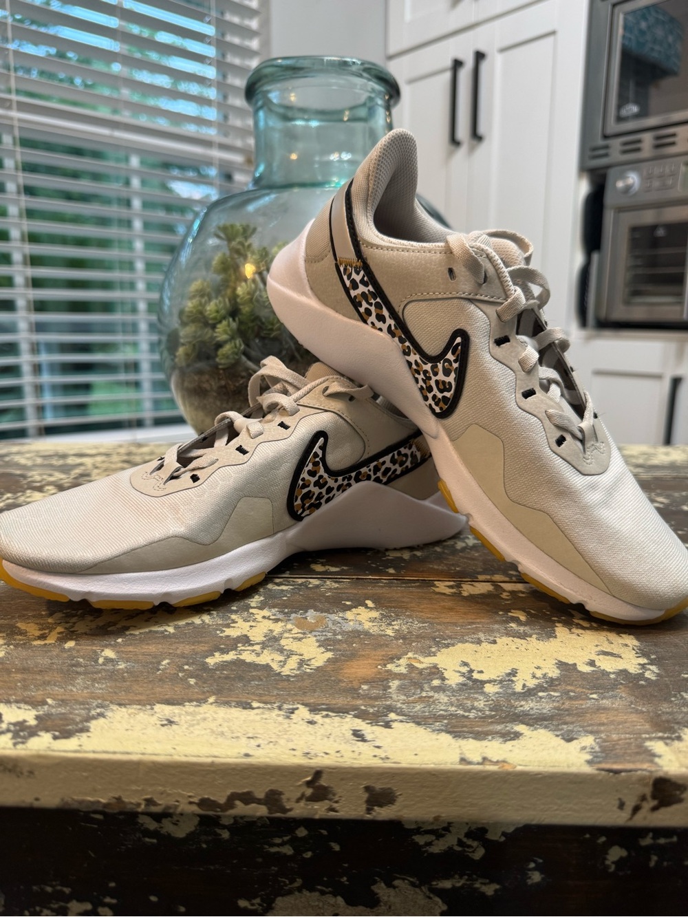Nike Women's Beige Sneakers with Leopard-Print Swoosh